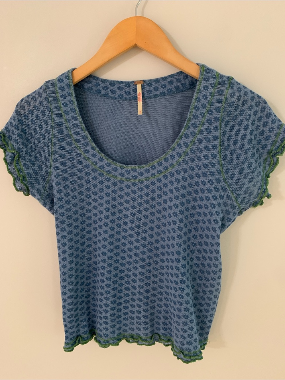 Free People Garner Tee Top Semi Sheer Blue Floral Medium Boho Casual